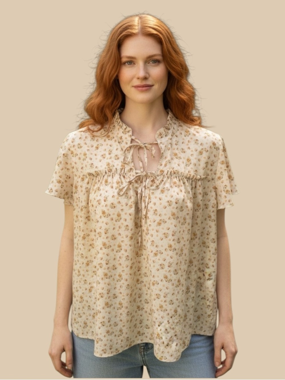 Lane Bryant Plus Size Cream Floral Tie-Neck Blouse Size 22